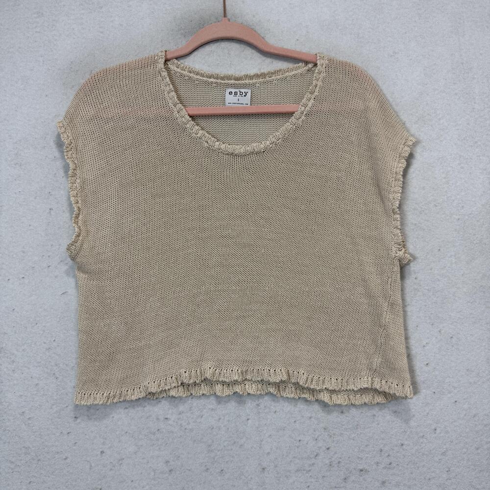 Esby Sweater Vest Womens Small Beige 100% Linen Scoop Neck Open Knit Top